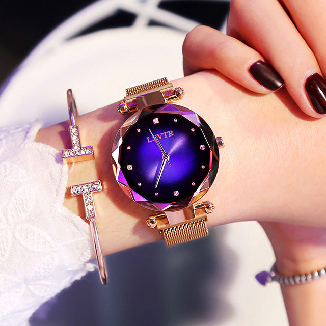 Rose Gold Women Watches Fashion Diamond Ladies Starry Sky Magnet Watch Waterproof Female Wristwatch - Inas