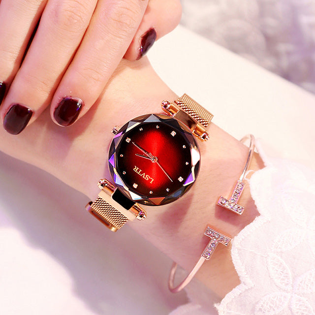 Rose Gold Women Watches Fashion Diamond Ladies Starry Sky Magnet Watch Waterproof Female Wristwatch - Inas