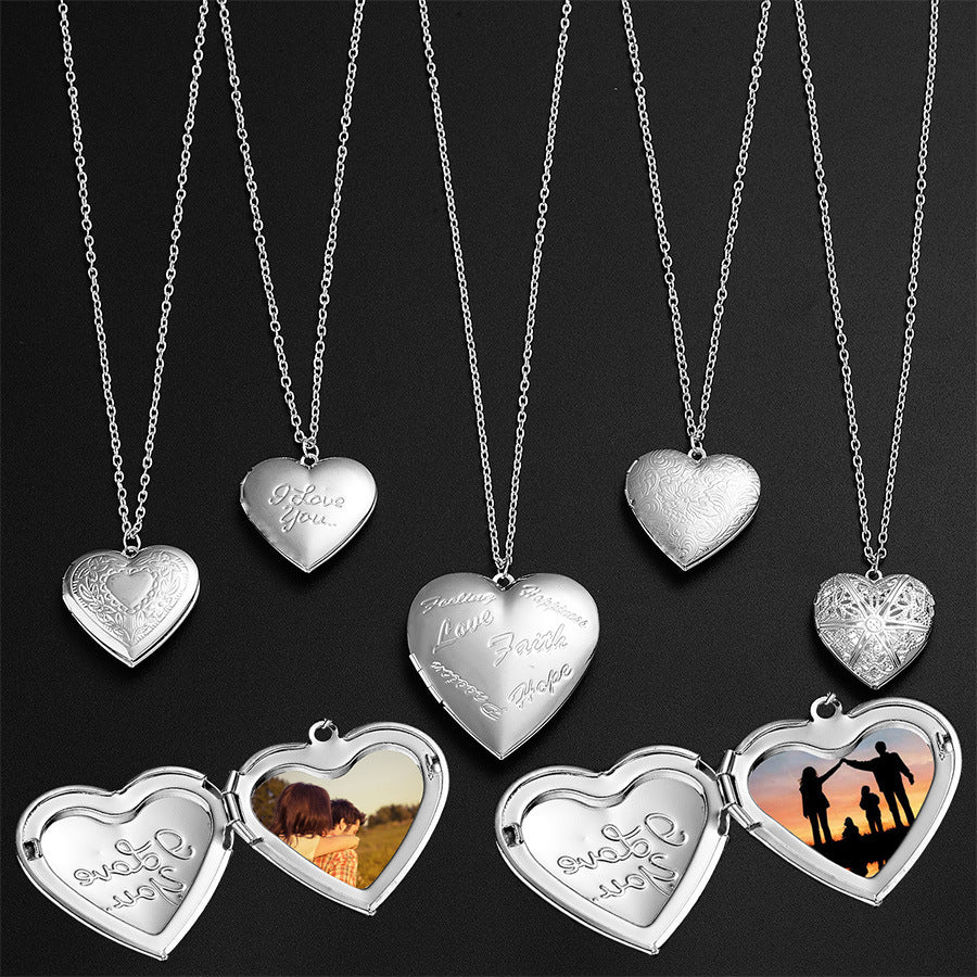 Carved Design Love Necklace Personalized Heart-shaped Photo Frame Pendant Necklace For Women Family Jewelry For Valentine's Day - Inas