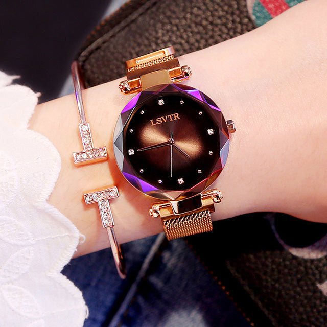 Rose Gold Women Watches Fashion Diamond Ladies Starry Sky Magnet Watch Waterproof Female Wristwatch - Inas