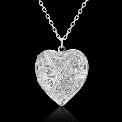 Carved Design Love Necklace Personalized Heart-shaped Photo Frame Pendant Necklace For Women Family Jewelry For Valentine's Day - Inas